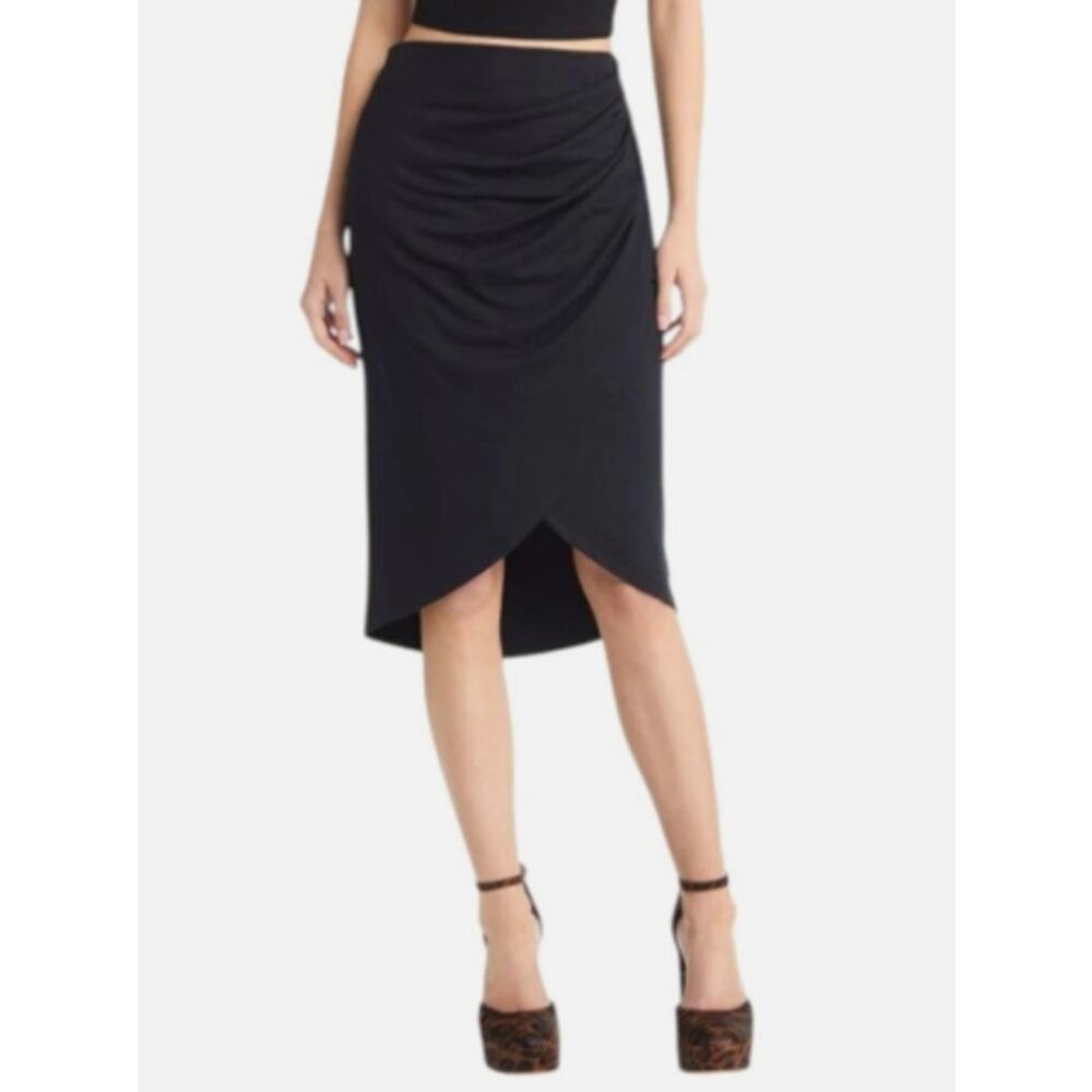 Open Edit Nordstrom Black Ruched Tulip Hem Midi Skirt Pull On Faux Wrap XS NWT